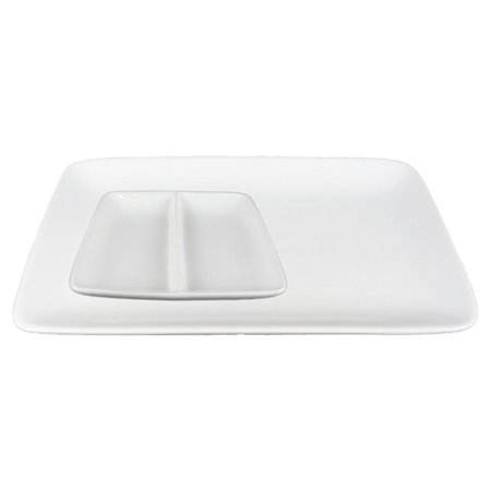 Ruokailuvälineet posliinia - Lautanen pyöreä reuna + Mini Dip kaksiosainen - 12 kpl.