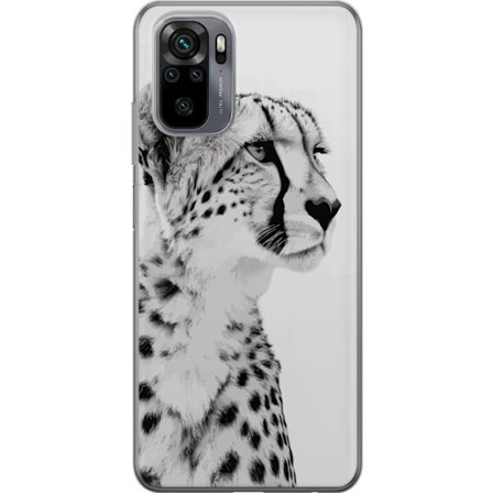 Xiaomi Redmi Note 10 Gennemsigtig cover Sleek sort-hvidt close-up af en gepard med rolig blik og elegante markeringer, der fremhæver dens kraftfulde
