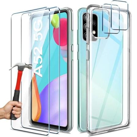 Etui til Samsung Galaxy A52 4G-5G A52s silikone + 2 hærdet glasvinduer og 2 bagkamerabeskyttere Transparent