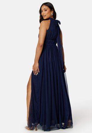 Goddiva Tie Neck Maxi Dress With Split Navy Klær
