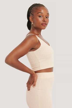 NA-KD V-Ringat Ribbat Linne - Linnen - Beige - M