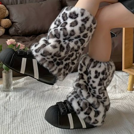 Dame Plysfleece-forede Leopard Print Benvarmere - Tykke Vinterstøvler med Snørelukning, & Brunt Dyreprint Design til Efterår/Vinter