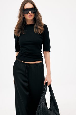 Premium Selection Haut en maille de laine mérinos à manches courtes - - Noir - M