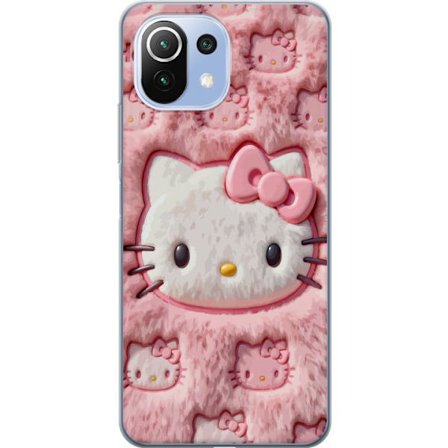 Kompatibelt Mobildeksel til Xiaomi 11 Lite 5G NE Hello Kitty rosa fluffy bakgrunn med ikoniskt ansikt og kawaii-estetikk