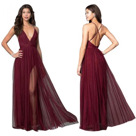 Kvinnors Rygglös Djup V-ringad Sexig Mesh Mini Klänning Sommar Mode Elegant Öppen Rygg Mesh Flytande Slim Midja Sling Klänning (Vinröd M)