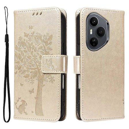 Honor 400 Pro 5G (Global) -puhelin kotelo jalustalla, kissapuu-kuvioinen nahkalompakko