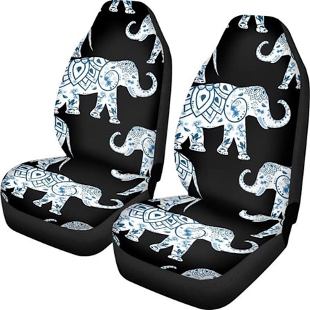 Auton painetut istuinsuojat, musta tausta, valkoinen elefantti, GM istuinsuojat vain etuistuimelle