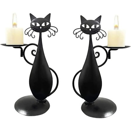 Lysestager, 2 stk. sort kat lysestage lavet af metal til søjlelys, vintage lysestage, retro lysestage til bondehus, spisebord