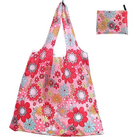 1-delt sett med store sammenleggbare handlevesker (rosa blomster)