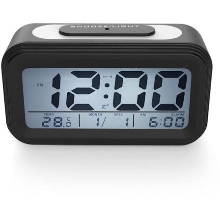 Elektronisk klokke med LED-display, med alarm, mørk sensor, svart