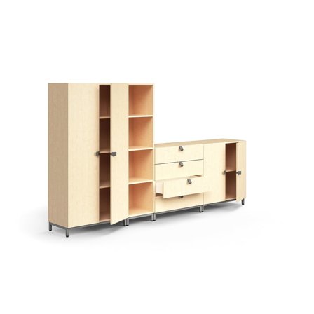 Säilytysratkaisu QBUS, korkea kaappi + 4 lokeroa + 4 vetolaatikkoa + matala kaappi, jalusta, kahvat,