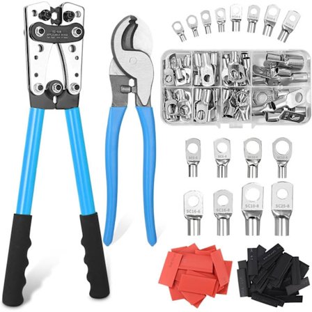 Krympetang, Stor Batterikabelkrymper 10-1/0 AWG 6/10/16/25/35/50mm² med 8 Størrelser 60PCS Kobberringterminaler og Skæretang + 60PCS Varmekrymp