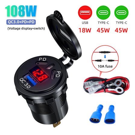 12V/24V USB-uttag 108W 3 portar Billaddare Uttag Dubbel 45W PD Typ C & 18W QC 3.0 Motorcykeluttag Strömuttag Laddningsadapter