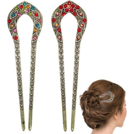 2 kpl Vintage-hiustangot, Kristallirihkamainen Kaksoispiikki Hiustangot Hiustyyli Chignon Hiustangot Multicolor 2 Count (Pack of 1)