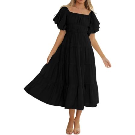 ivimos Off-Shoulder Klänningar för Kvinnor Sommar Puff Ärm Empire Midja Casual Volang A-Linje Flytande Midi Klänning med Bälte Svart Liten