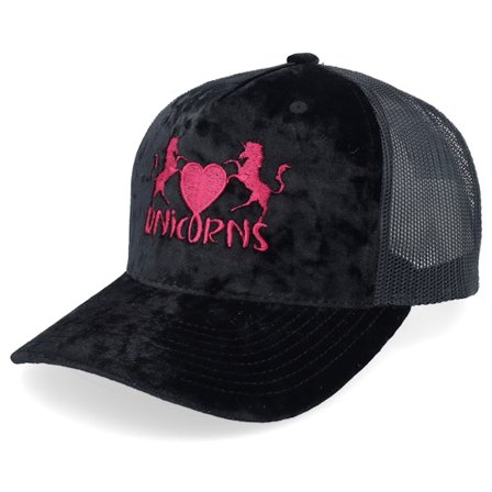Unicorns - Svart trucker Caps - Unicorns Heart Velvet Black/Black A-frame Trucker @ Hatstore