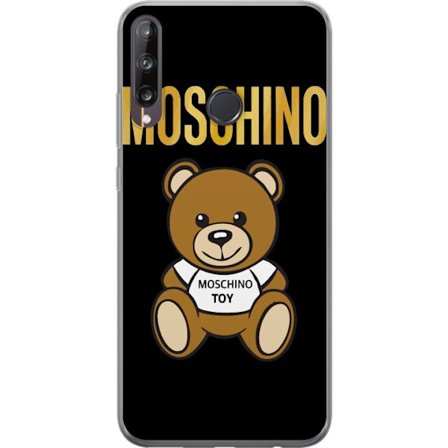 Kompatibelt Mobilskal till Huawei Huawei P40 lite E Moschino-inspirerad nallebjörn med text på tröjan, centrerad mot svart bakgrund med tydlig mode