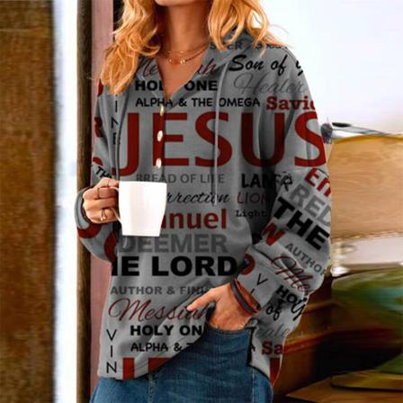 Dam Stjärntryck Jul Print Knappar V Neck Pullover