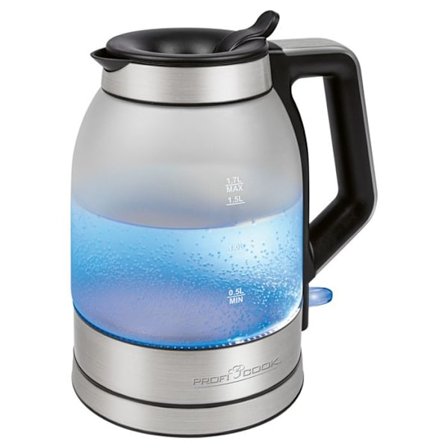 Elektrisk Kettle, 1,7 Liters Glas, BPA-fri Behållare, Trådlös, Belyst Proficook WKS 1215G 2200W Silver 501215