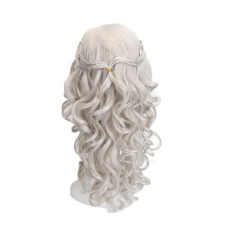 Matt Sølv Lang Krøllete Flettet Parykk Kvinner Varmebestandig Cosplay Bølgete Syntetisk Parykk for Fest 72 cm