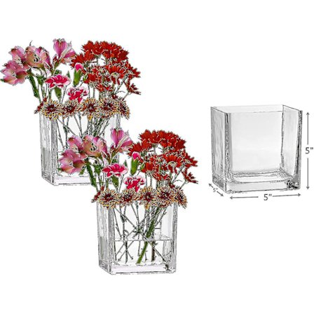 Sett med 3 firkantede glassvaser 5 x 5 tommer gjennomsiktig kubeformet blomster vase, lysestaker - Perfekt som et bryllupssenter, hjemmedekorasjon