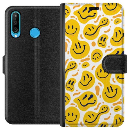 Kompatibelt Lommeboketui til Huawei P30 lite Lekent grafiskt mønster med gule smileyformer i ulike uttrykk