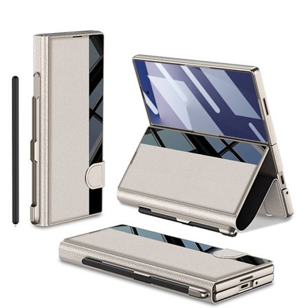 Fodral för Samsung Z Fold 7, PC + PU Läder Flip Ställ med Skärmfilm (Titanium Grå)