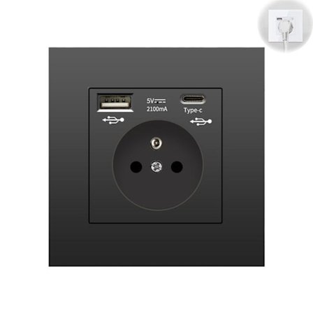 Svart vegguttak med USB og Type-C, universell kontakt, overspenningsvern, lading for mobil og nettbrett