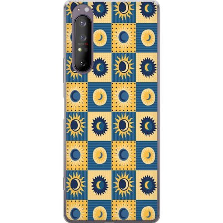 Yhteensopiva Puhelinkuori Sony Xperia 1 II Symmetrinen ruudukkokuviointi, jossa keltainen ja sininen aurinko ja kuu retrotyyliin