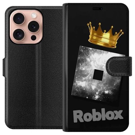 Kompatibelt Lommeboketui til Apple Apple iPhone 16 Pro Minimalistisk svart og sølvfarget Roblox-symbol med gylden krone og luksuriøs gamer-estetikk