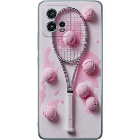 Kompatibel Mobilcover til Motorola Motorola Moto G72 Rosa glaskugler og tennisketsjer i et kreativt stillbillede med legende popfølelse og moderne de