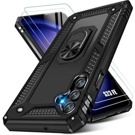 Etui til Samsung Galaxy S23 FE med 2 hærdede briller, cover med stativ - sort (ikke til S23) Svart