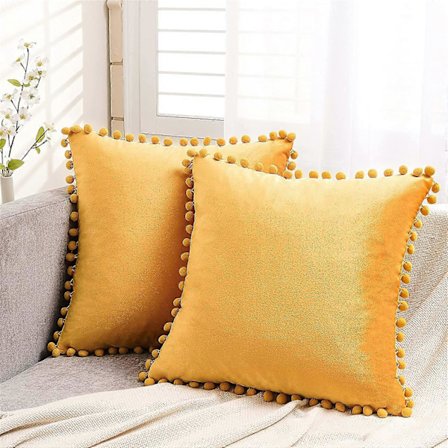 2 st Sammetskuddar Med Pompoms Enfärgade Kuddfodral Dekorativa Kuddar Sits 45X45Cm (Gul)