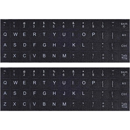 2 stk. engelske tastaturklistermærker, universelle tastaturbogstaver udskiftningsklistermærke hvid skrift på sort baggrund til computere