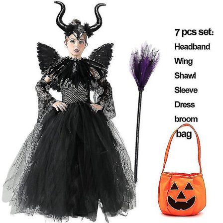 * Halloween Costume Maleficent Tutu Klänning För tjejer Cosplay Evil Queen Black Mesh Princess Dress Kids Crow Wand Maleficent