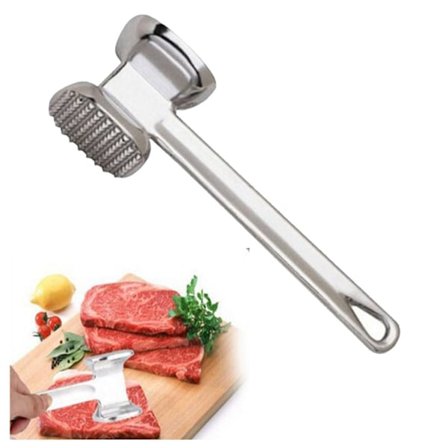 Rustfrit stål dobbeltsidet kødhammer med pigge flad hammer aluminiumslegering kødhammer metalkølle (1 stk)