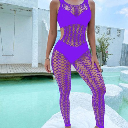 IC Sexiga Kvinnor Helkropp Transparent Hollow Sleeveless Underkläder Fis Lila