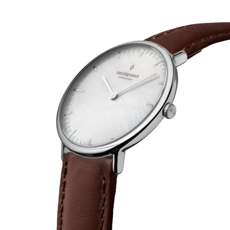 Nordgreen Scandinavian slim analog women's watch - Silver Case - Silver Dial - 28mm Brown Leather Watch Band Native White Dial