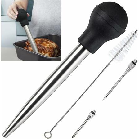 Rustfritt stål og matvarekvalitet gummi Baster med Marinade Injektor og børste for enkel rengjøring