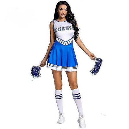 Heialeder Kostyme Dame Fancy Dress Uniform med Pom-poms, High School Heialeder Kostyme for Halloween Party Fancy Dress Karneval blå