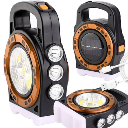 Solcellsdriven ficklampa, bärbar uppladdningsbar LED-lampa, powerbank med reflektor