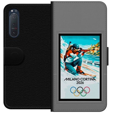 Yhteensopiva Lompakkokotelo Sony Xperia 5 II Retrojuliste Cortina Milano 2026 vuorilla, talviurheilijoilla, italiankoloreilla, Milanon tuomiokirkolla
