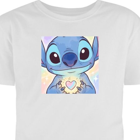 T-Shirt Suloinen sininen fantasia-olio, jolla on suuret kiiltävät silmät, jotka pitävät hohtavan sydämen sateenkaaritaustaa vasten pehmeässä k