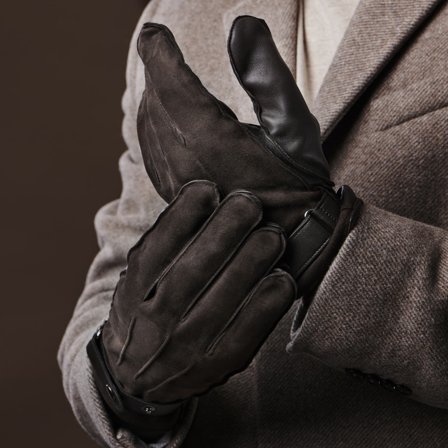 Guantes de Cuero de Oveja y Ante-Café oscuro-Compatible con pantalla táctil para hombres - Guantes de invierno
