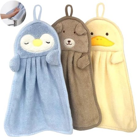 3 søte håndklær med dyremotiv, tegneseriehåndklær til oppheng, søte dyr