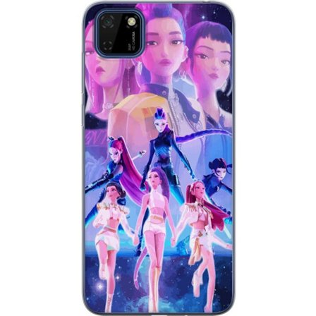 Yhteensopiva Puhelinkuori Huawei Y5p K-pop-inspiroinut tulevaisuutta ennakoiva tyttöryhmä neonvaloissa ja kosmisessa sci-fi-esiintymislavalla