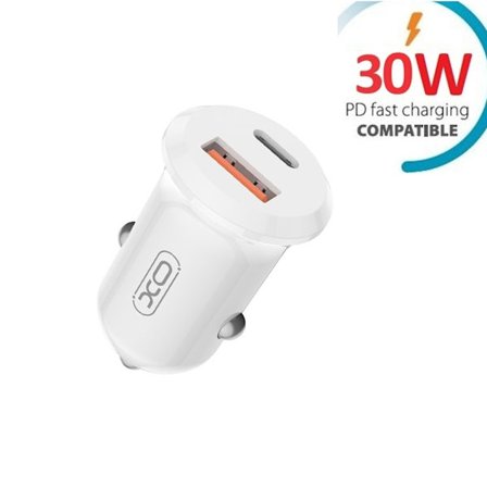 Snabb billaddare XO 30W USB-C PD / USB QC3.0 För iPhone, Samsung Vit