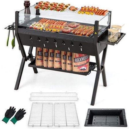 COSTWAY multifunktionel udendørs bålplads med grill i rustfrit stål, opbevaringshylde, 98 x 42 x 68 cm