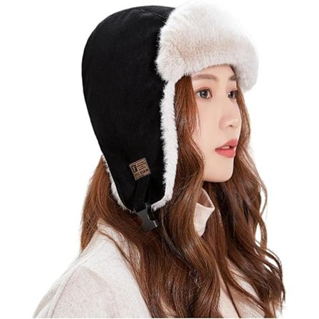 Vinterlue med øreklaffer for kvinner, varm falsk pels, vindtett russisk trooperlue, fleecefôret, myk jakt- og skilue