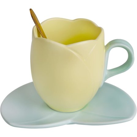 Keramisk kaffekopp med skålsett, kreativ tulipan kopp unik uregelmessig design for kontor og hjem, oppvaskmaskin og mikrobølgeovn trygg, søt kopp for 